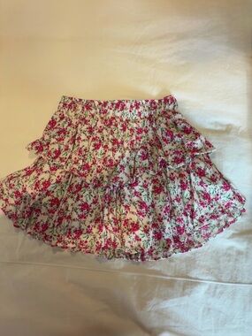 We’re All Pretty Girls Floral Tiered Ruffle Mini Skirt - Pink and green on White